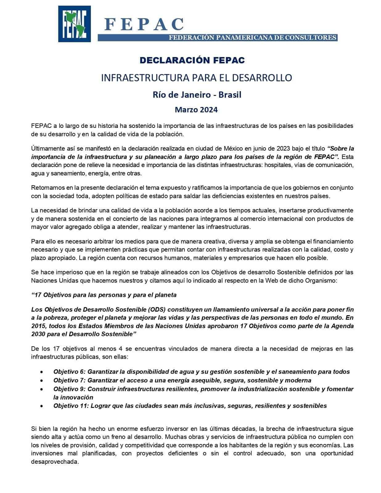 Declaración de FEPAC en Río de Janeiro, Brasil
